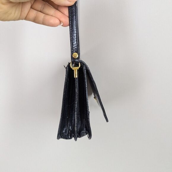 Vintage Black Leather Mini Bag Horse Logo Mirror & Card Slots - Picture 4 of 8